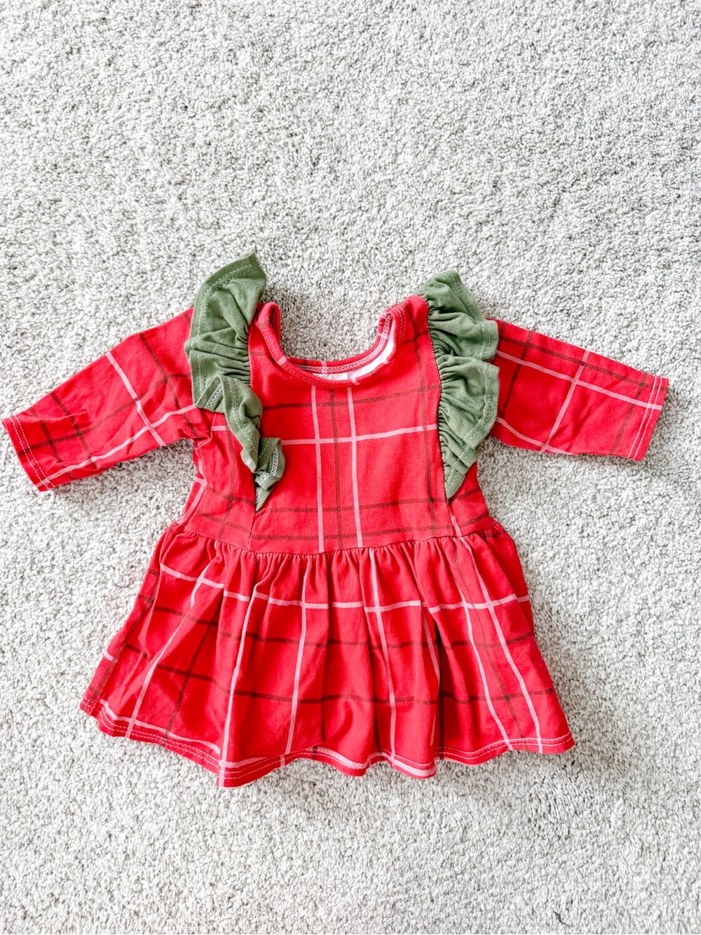 Red Plaid Ruffle Sleeve Top with Green Accent